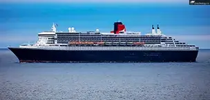 A large cruise ship named Queen Mary 2 sailing on the open sea.