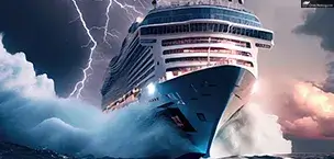 A cruise ship braving a storm on its way to port