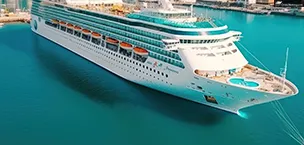 First_Time_Cruisers White cruise ship docked in turquoise waters with multiple decks, lifeboats, and a front deck pool.