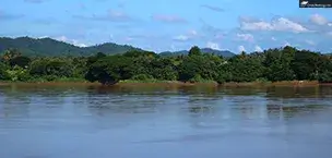 A serene Mekong River landscape with greenery. Water calm and reflective, and fluffy white clouds.