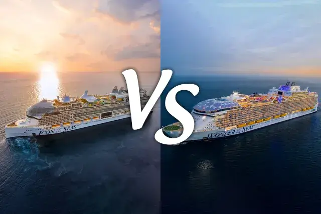 A side-by-side comparison of two large cruise ships, Icon of the Seas and Wonder of the Seas. The ships are shown in aerial perspective with the ocean in the background.