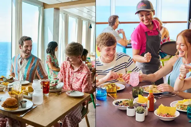 In this image, Wonder of the Seas has two couples sitting by the Mason Jar windows enjoying lunch. A Symphony of the Seas female waiter looks at a family enjoying Mexican food and fun.