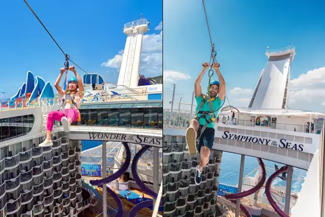 In this image, a Wonder of the Seas Asian woman riding onboard a Zipline and a Symphony of the Seas man hanging onto an onboard zipline.