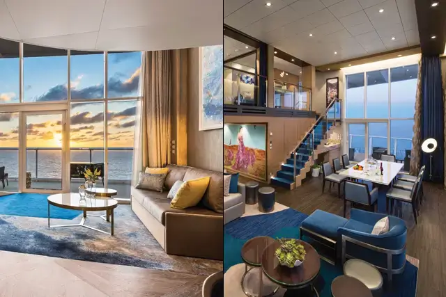 Image of Symphony of the Seas and Wonder of the Seas large cruise ships. It includes a living area with couches and tables as well as a dining area. A large window offers ocean views